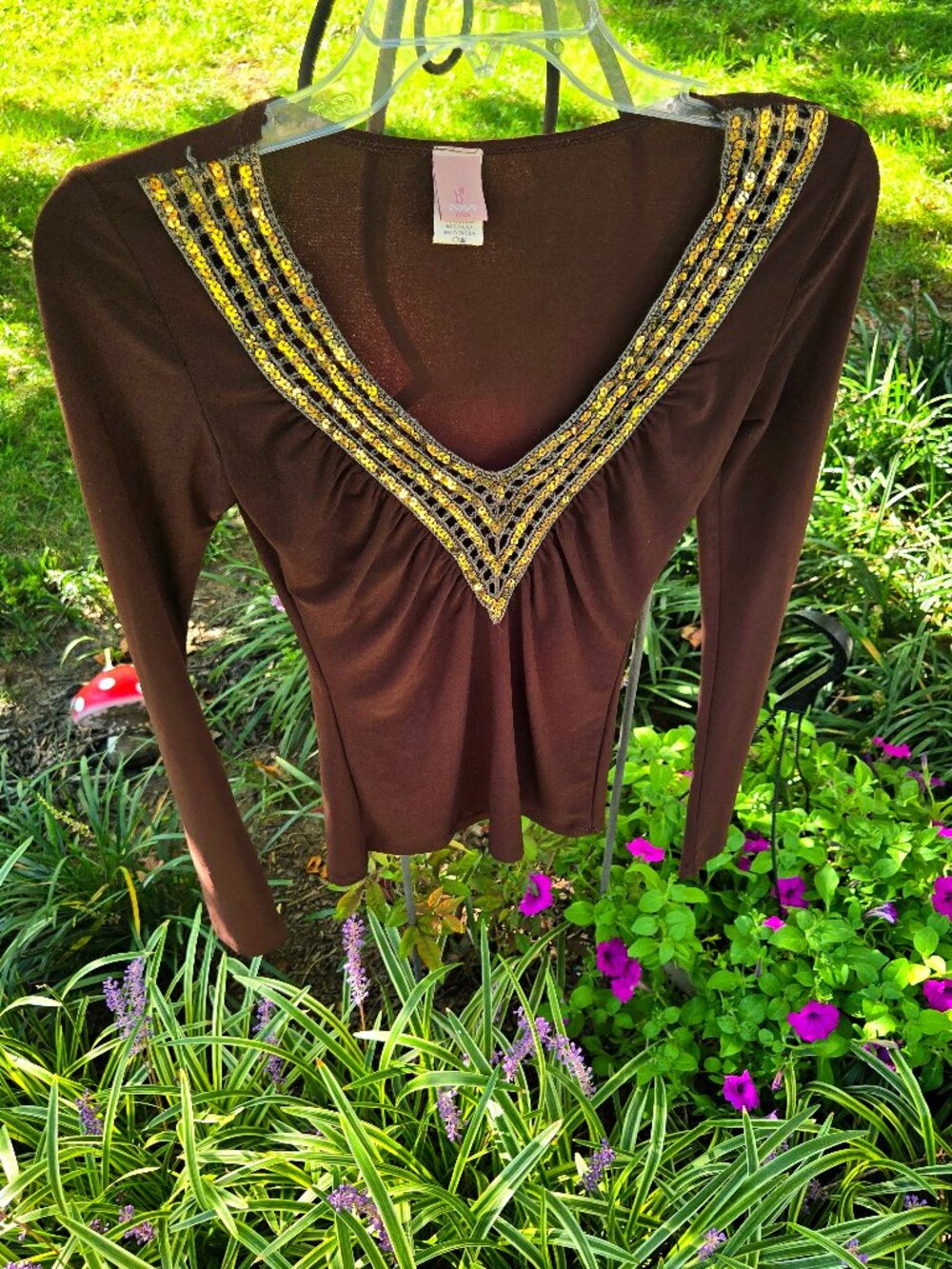 Chocolate long sleeve shirt with sequins